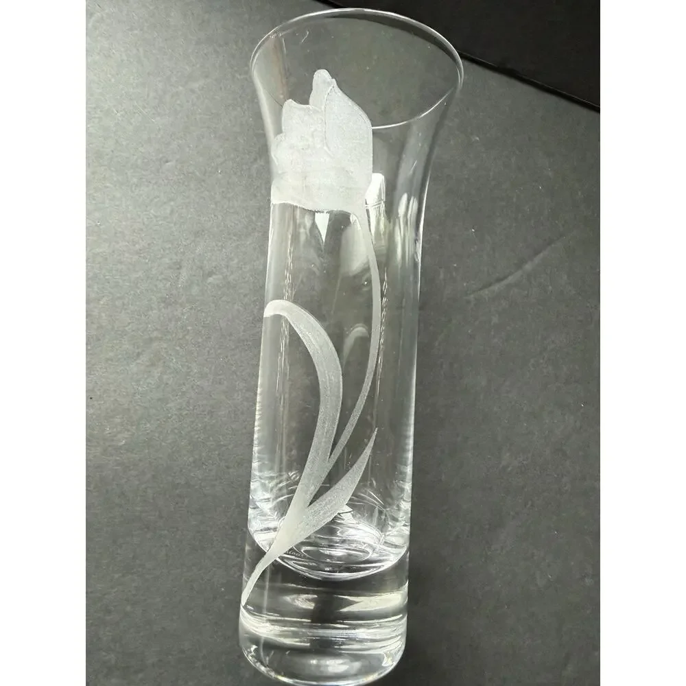 Qualia Glass Etched Bud Vase Clear Set (3) Bouquet Tulip Deco Modernist